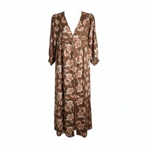Anthropologie Storia Maxi Dress S Brown Floral Button Front Long Sleeve Boho Sli